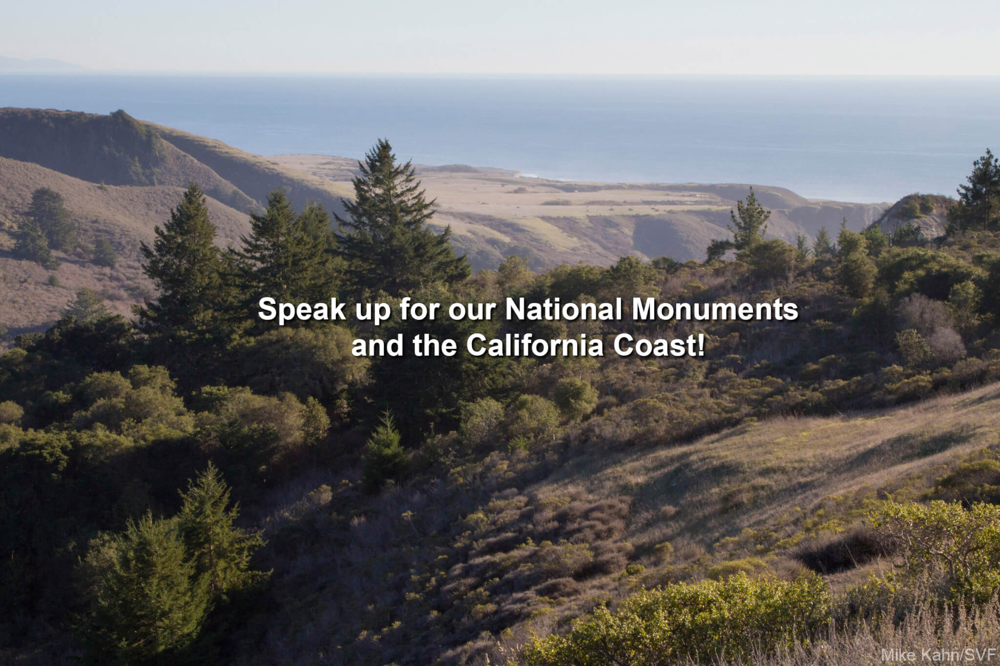 Text: "Speak up for our National Monuments and the California Coast." 