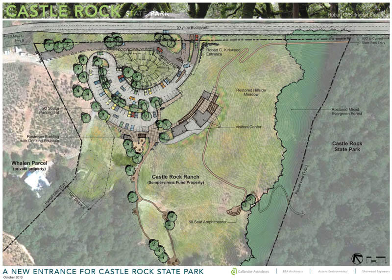Conceptual drawing of new facilities and entrance for Castle Rock State Park by Callander Associates.