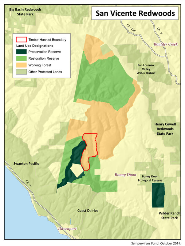 Map of San Vicente Redwoods land use areas and THP boundary, Oct. 2014.