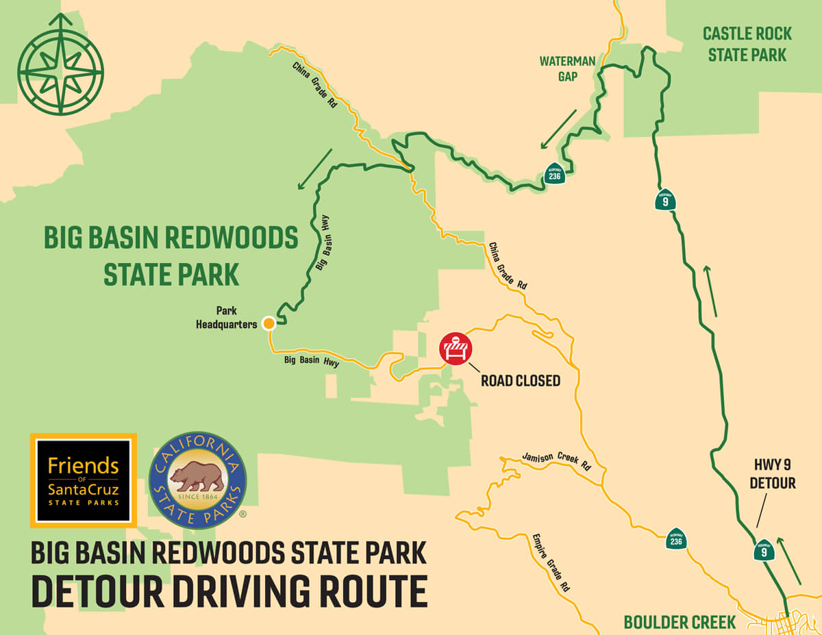 Detour alert!! Take the scenic route to Big Basin this spring while Caltrans does some important repair work on lower Highway 236 in May and June. From Boulder Creek, head north on Highway 9 for 7.8 miles, then turn left onto upper Highway 236 for an 8-mile descent into the heart of Big Basin.