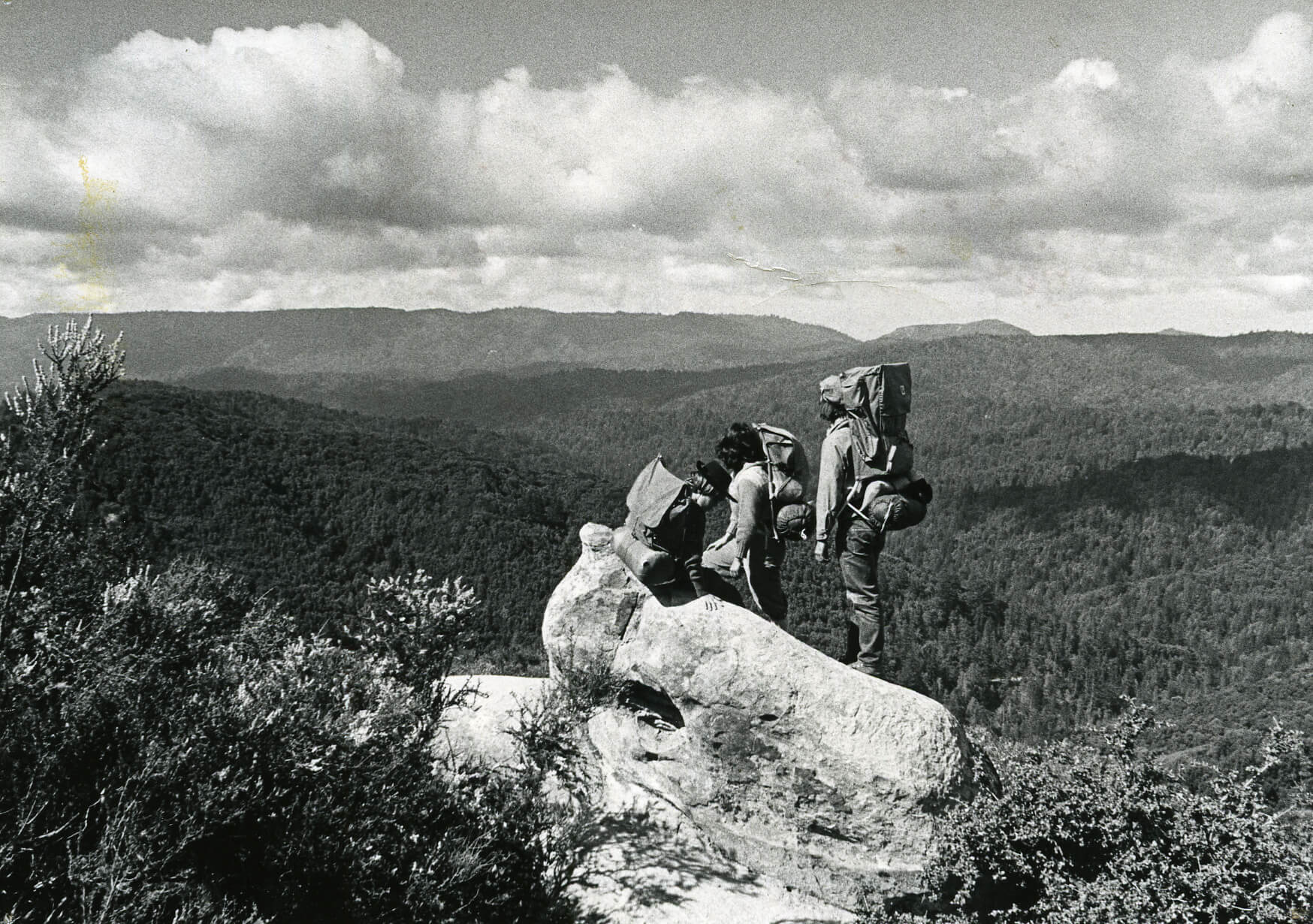 A grainy, slighty stained, black and white photo of three hikers with packs—a man, woman, and child wearing a dark, vintage, felt, cowboy style hat—stand on a rock outcropping on a brushy ridge looking out at the forested valley stretching before them beneath fluffy clouds at Castle Rock State Park, from Sempervirens Fund’s archive