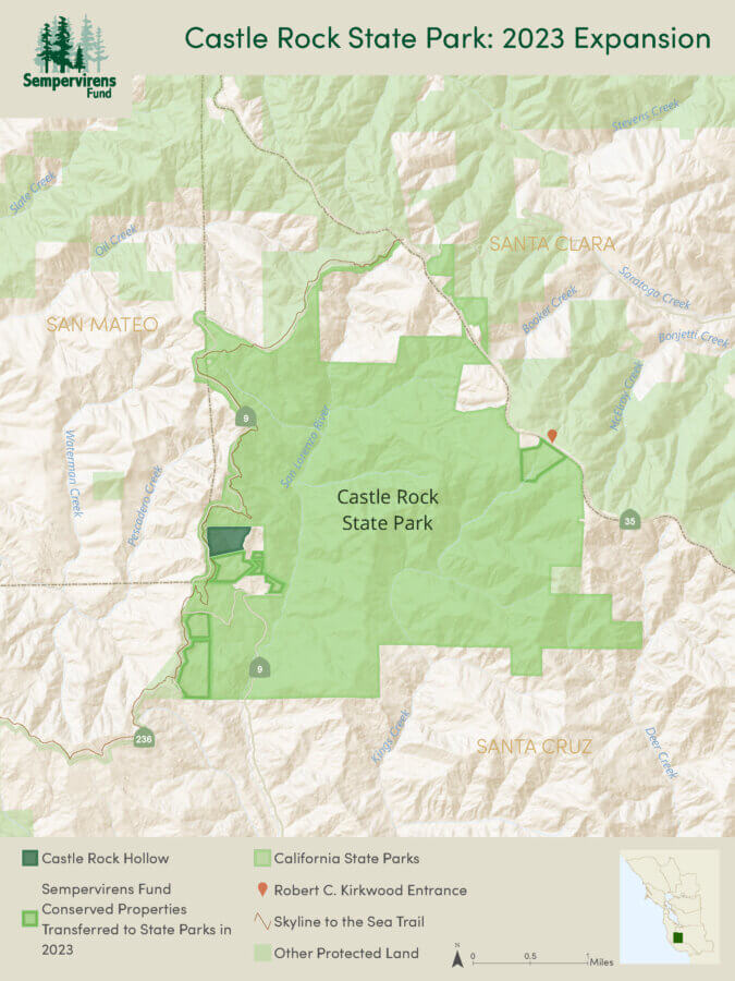 Map of Castle Rock Hollow in context of Castle Rock State Park, in Los Gatos, CA. Map includes recent additions to the park by Sempervirens Fund in August 2023.