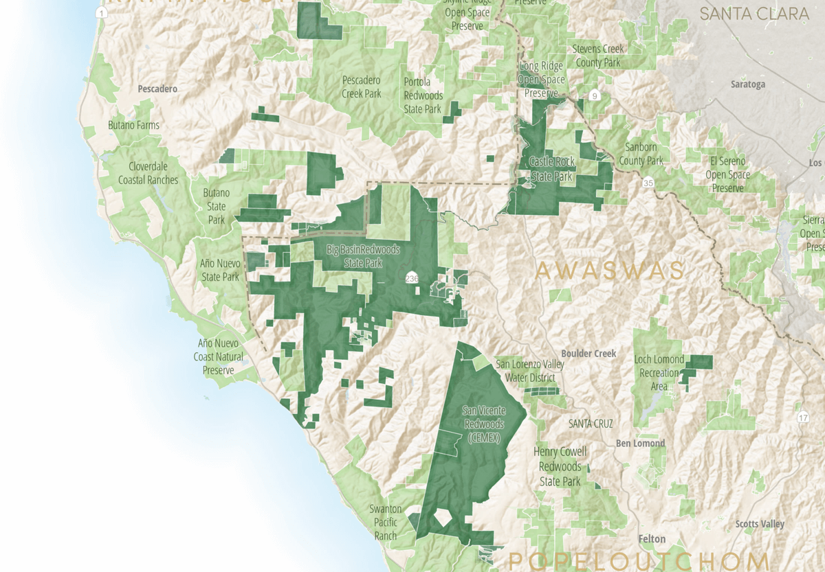 A map of the Santa Cruz mountains region shows Sempervirens Fund's protected lands in dark green and overlapping and connecting with parks open to the public in light green in areas that are ancestral lands of the Ramaytush in the north, Awaswas speaking peoples in the middle, and Amah Mutsun in the south.