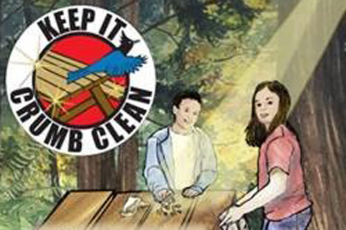 An illustration of kids at a picnic table in a redwood forest says “Keep It Crumb Clean”, from California State Parks