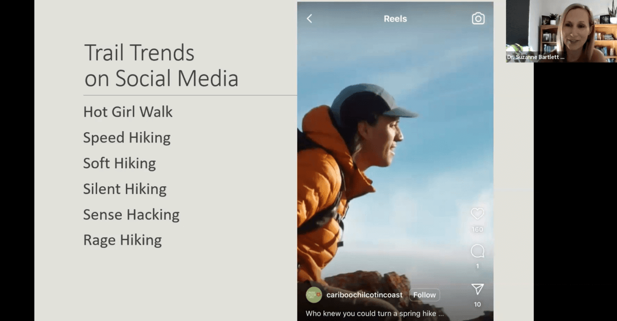Screenshot from a webinar includes a list of TikTok trends related to ways to benefit from nature; a photo of a person in a yellow jacket and blue hat looking out over a vista; and a still image of the guest, Dr. Suzanne Bartlett Hackenmiller.