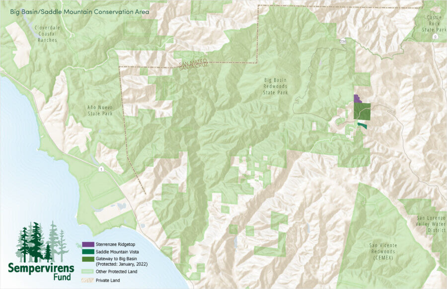 Map of the properties acquired by Sempervirens Fund since the 2020 CZU fire that will help establish the Saddle Mountain Welcome Area at Big Basin Redwoods State Park.