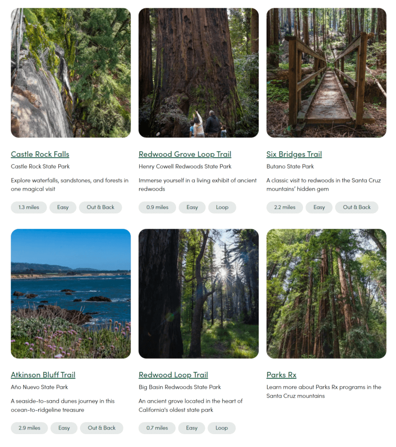 Screenshot from Sempervirens Fund's Trails Rx webpage feature five destination trails and background on the Parks Rx movement.