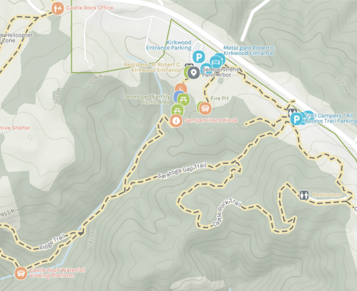 A map of Castle Rock Falls Trail at Castle Rock State Park.