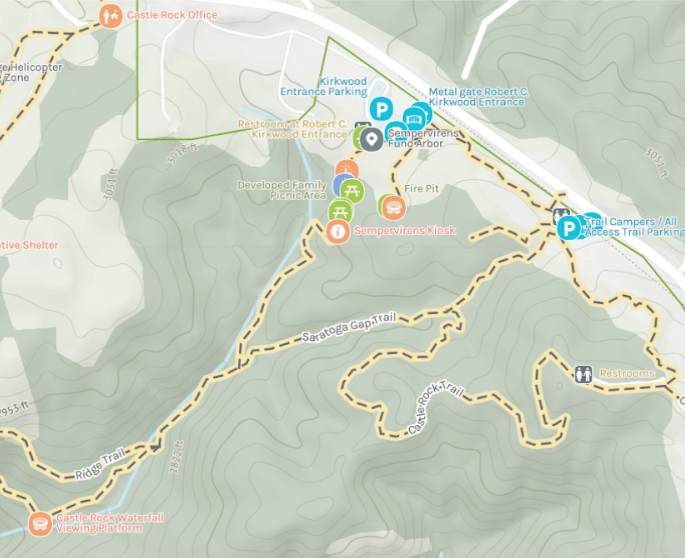 A map of Castle Rock Falls Trail at Castle Rock State Park.