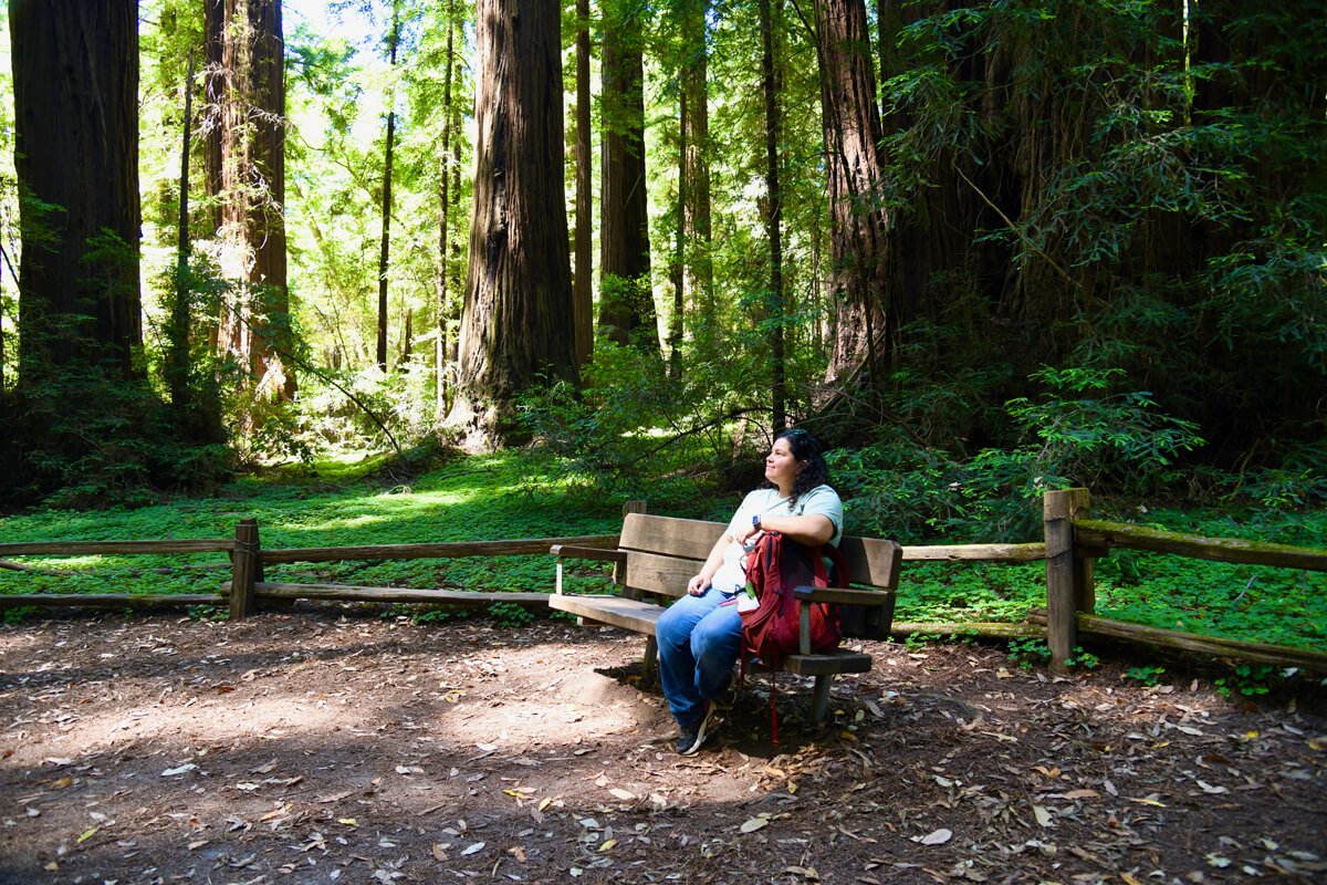 Verónica smiles looking up at the canopy while sitting in a ray of sunshine on a bench in the sun dappled redwood forest, courtesy of Latino Outdoors