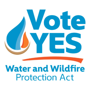 The Yes on Measure Q logo shows an icon that is a cross between a drop of water and a flame next to the text, “Vote Yes,” and, “Water and Wildfire Protection Act,” courtesy of the Yes on Measure Q campaign in Santa Cruz County