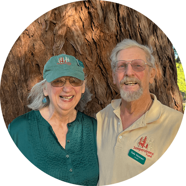 Dale and Dell Peterson smile into the camera wearing Sempervirens Fund gear in front of a redwood tree, by Julie Seelen