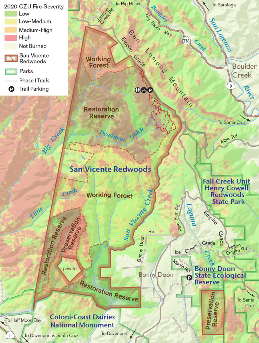 A map of San Vicente Redwoods outlines preservation reserve, restoration reserve, and working forest areas, with colors of 2020 CZU Fire burn severity from green for low to red for high. The red area largely ends along the northeastern border, map by Ben Pease