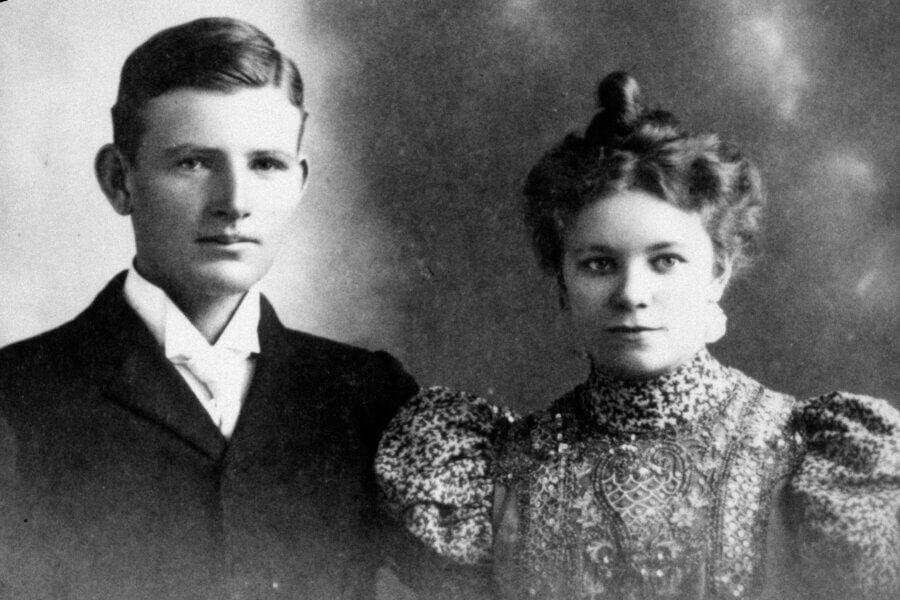 Black and white portrait of a young couple, both looking at the camera, from the late 19th or early 20th century.
