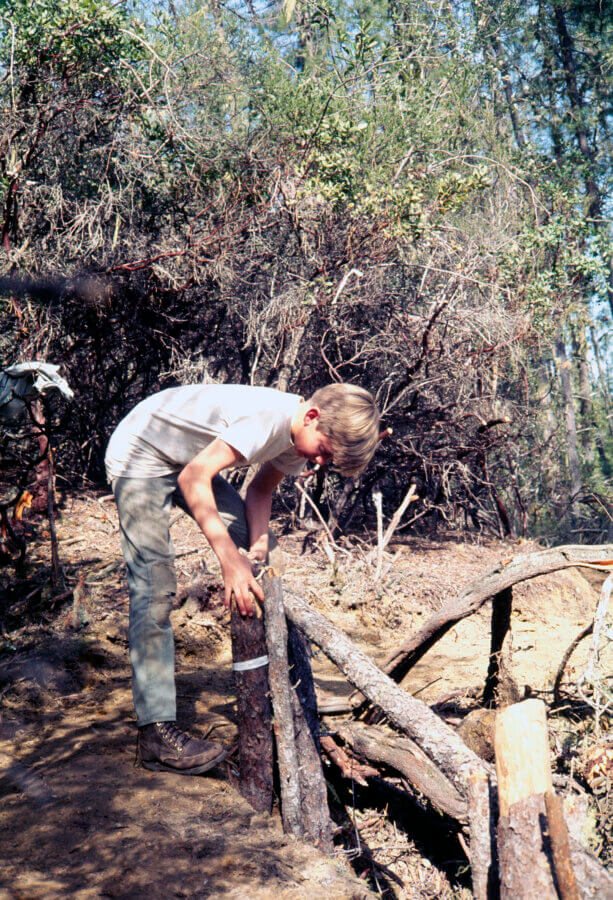 A child wearing glasses, a white shirt, and khaki pants works outdoors, building a small wooden fence or structure with logs in a forested area. Sunlight filters through trees and bushes in the background.