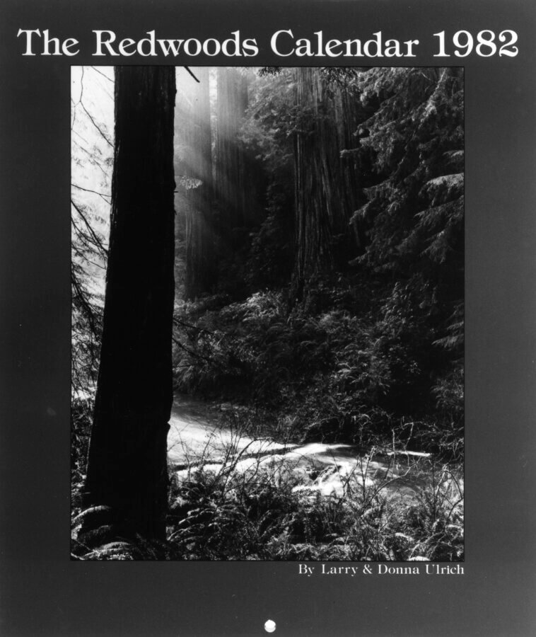 Black-and-white cover of The Redwoods Calendar 1982 featuring a misty forest scene with tall redwood trees and dense foliage. Text at the top and author names, Larry & Donna Ulrich, at the bottom.