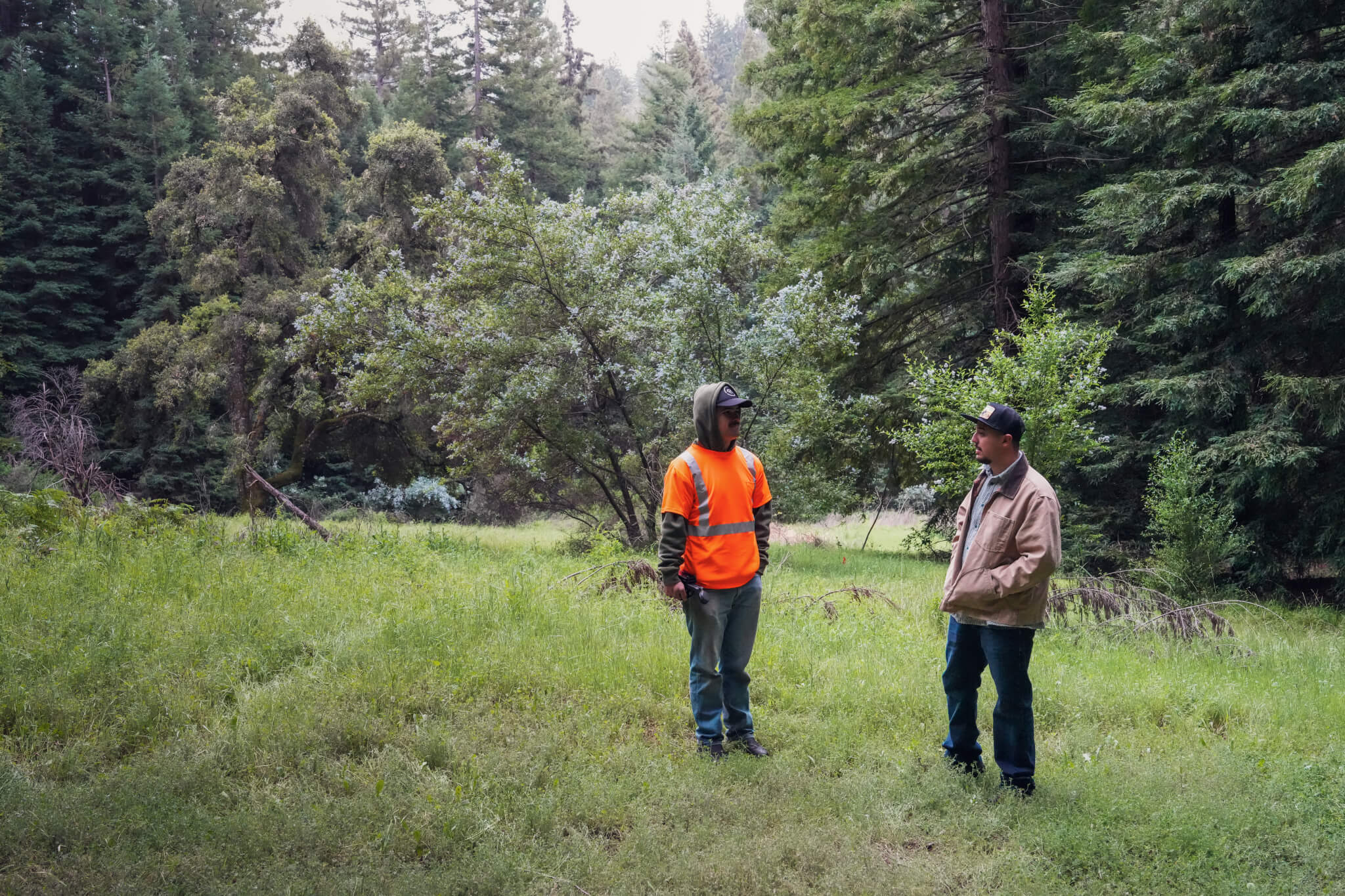 Sempervirens Fund's Land Stewardship Associate, Chris Lopez (R) in the meadow with ECI's Matt Marshall
