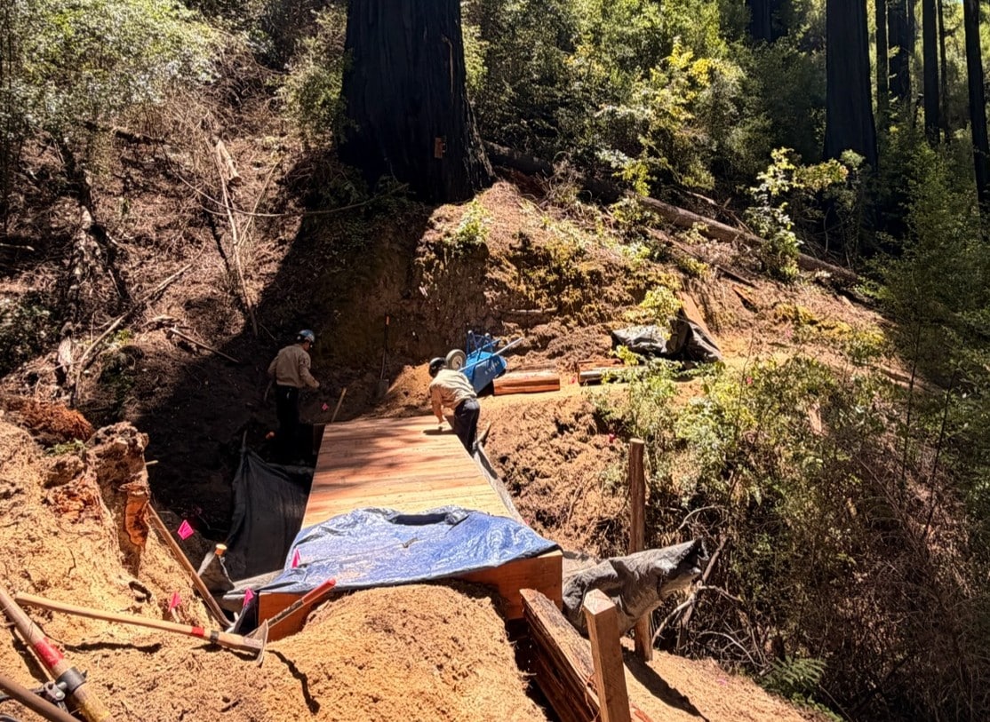 California Conservation Corps and California State Parks crewmembers stage a fiberglass segment of a new bridge to be installed along the Timms Creek Loop Trail in Big Basin Redwoods State Park.